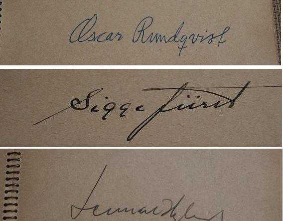 27 autographs from Swedish wellknown film actors and artists, incl. Oscar Rundqvist, Sigge F�rst, Lennart Hyland x2